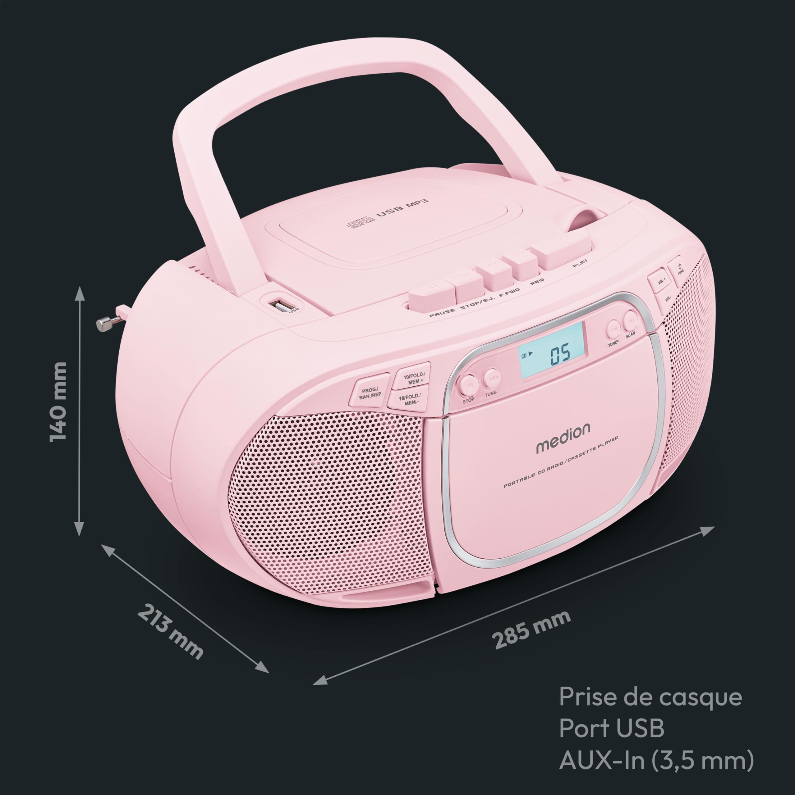 MEDION E66476 Stereo Sound System (Boombox, Lecteur CD, MP3, Cassette, Lecteur de Cassette Portable pour Enfants, Radio FM, AUX, écouteurs, Secteur & Batterie) Rose