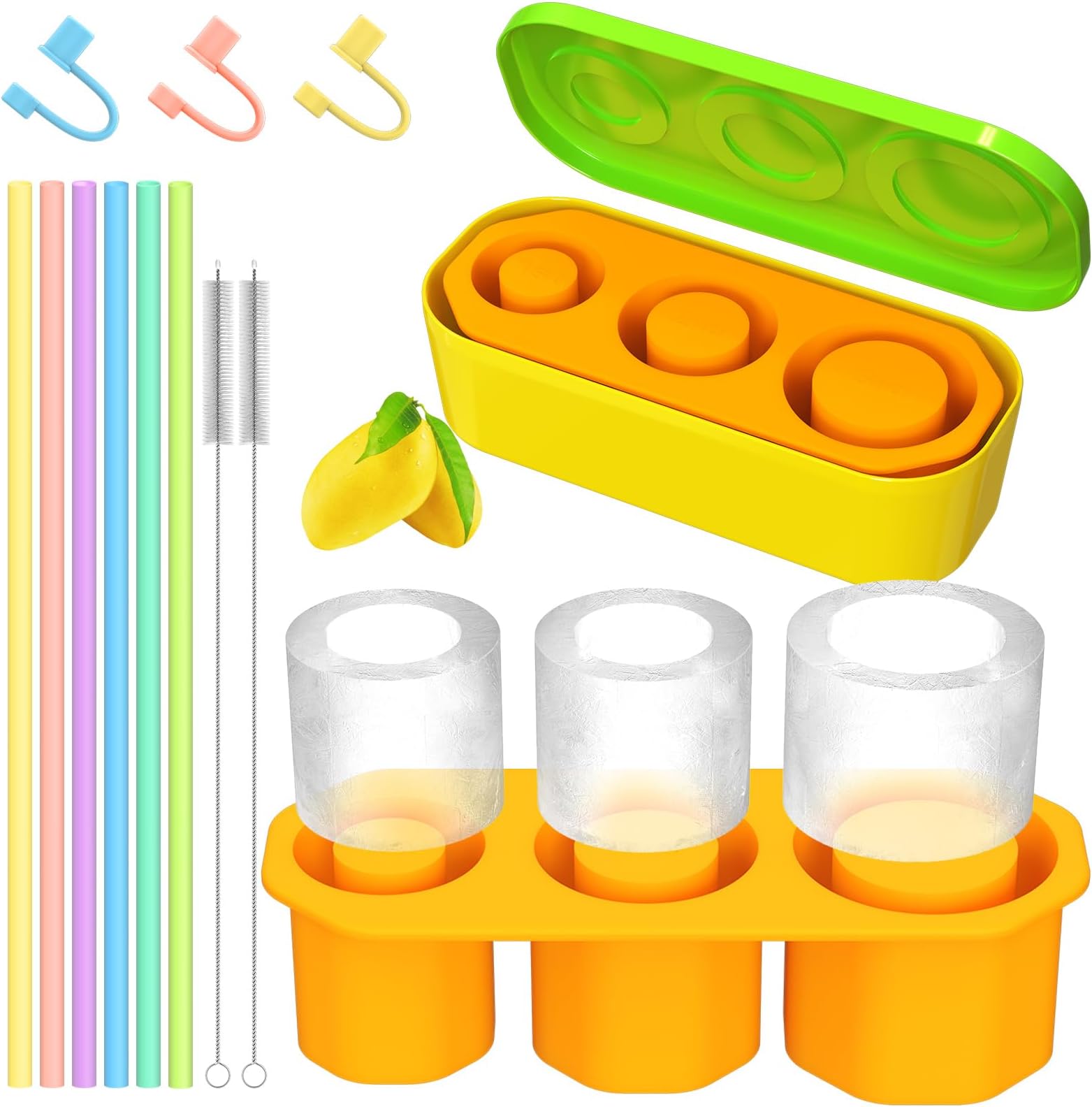 12 in 1 Set for Stanley Cup 40 Oz, Platinum Silicone Ice Mold with 6 Straws, 3 Covers, and 2 Cleaning Brushes, BPA Free Silicone Ice Cube Tray for Stanley Tumbler Ice Mold
