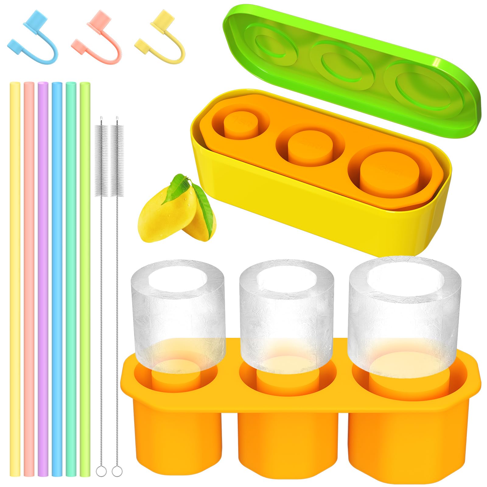 12 in 1 Set for Stanley Cup 40 Oz, Platinum Silicone Ice Mold with 6 Straws, 3 Covers, and 2 Cleaning Brushes, BPA Free Silicone Ice Cube Tray for Stanley Tumbler Ice Mold