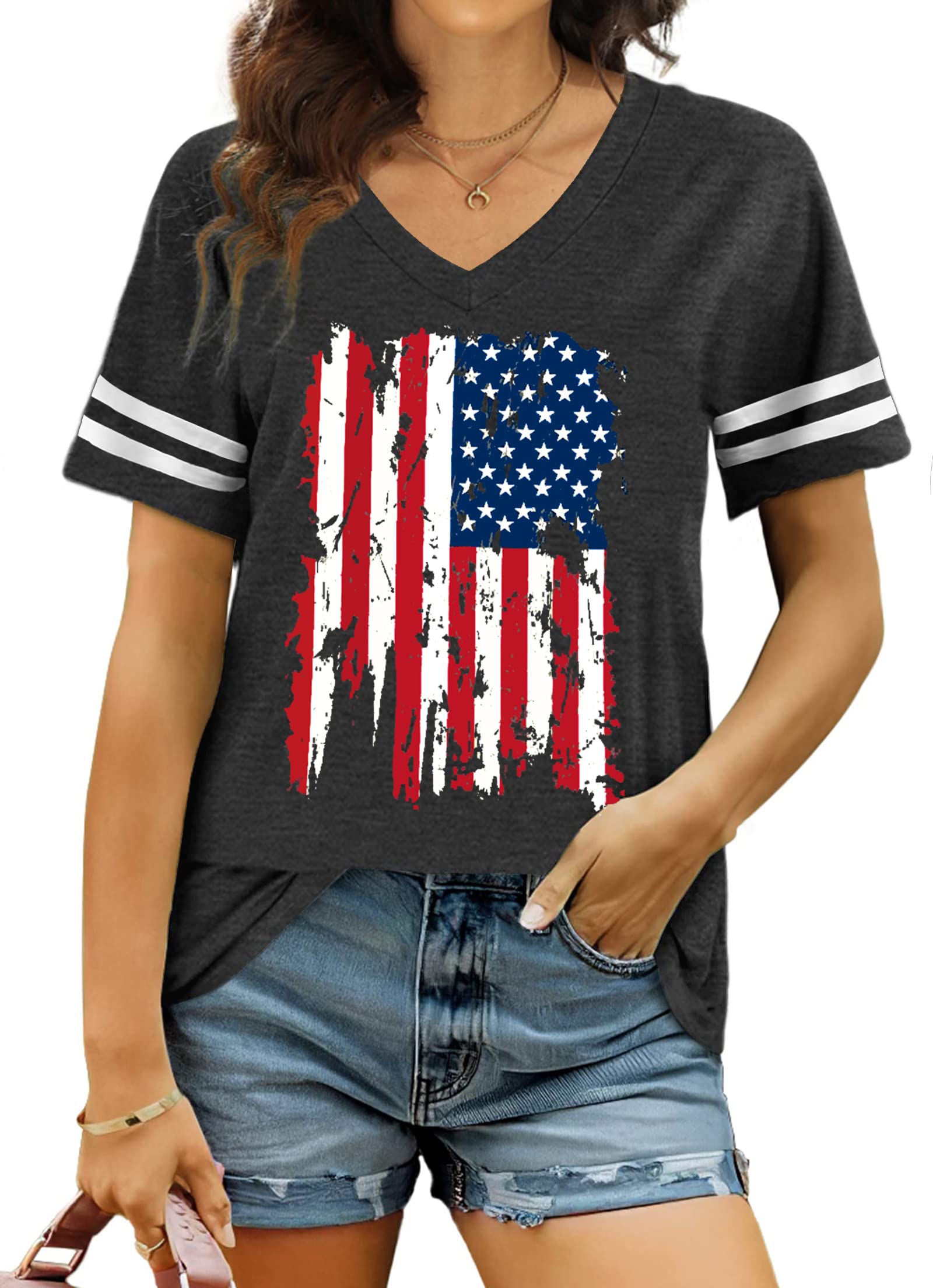 American Flag Shirts Women Patriotic Shirt 4th of July Tee Tops V-Neck Short Sleeve Summer T-Shirt