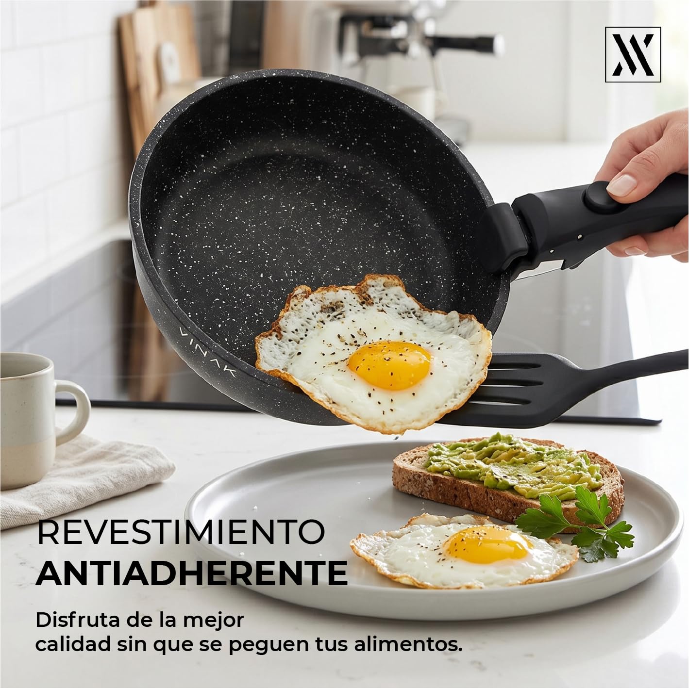VINAK - Set de sartenes con mango extraible  antiadherentes | 11 piezas - Sartén 26 cm + 20 cm, Cacerola 18 cm, Tapas Cristal/Almacenamiento, Utensilios Silicona | Inducción & Horno | Libre PFOA/BPA