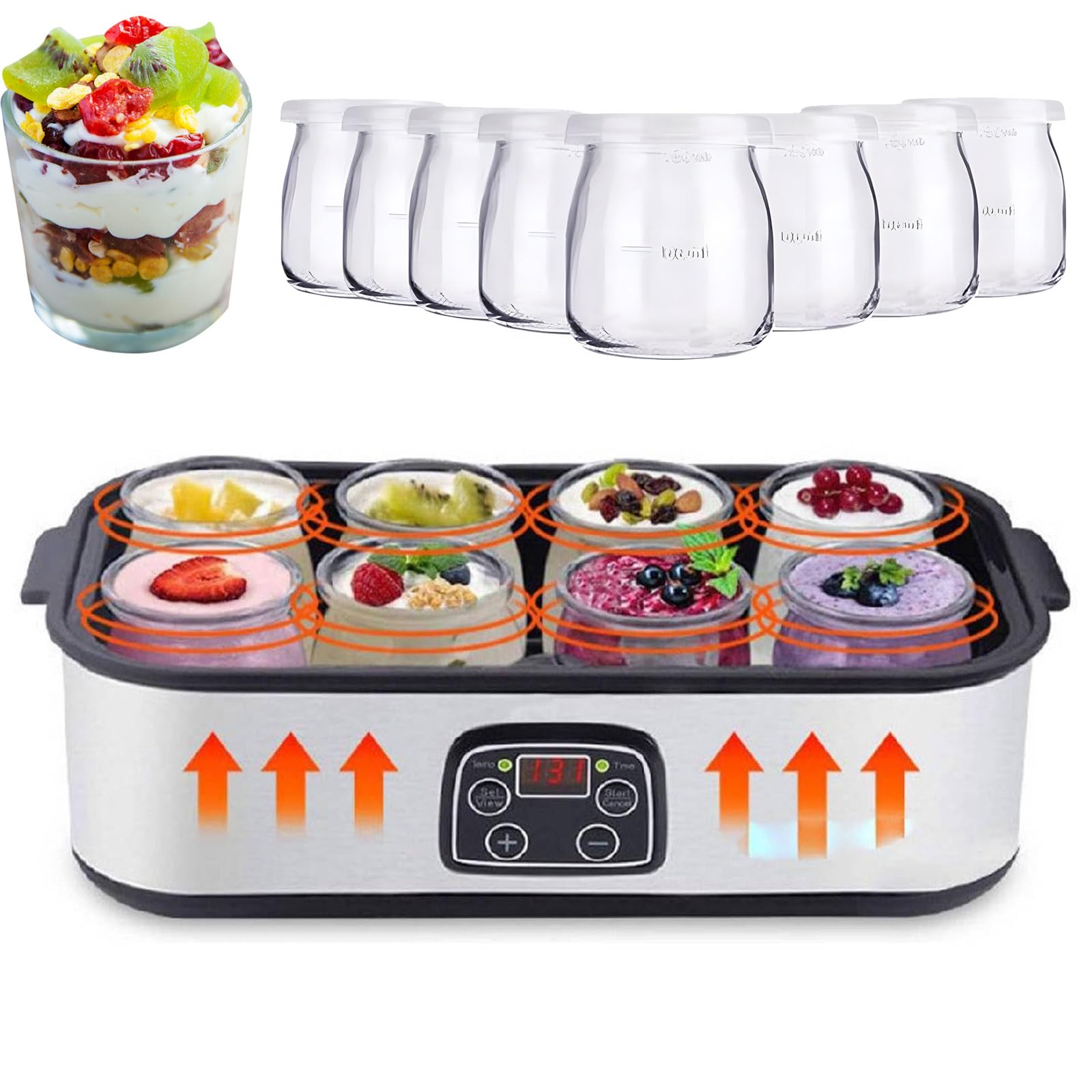 Yaourtière numérique avec écran LCD, capacité de 1400 ml, comprend 8 bocaux en verre pour yaourt et desserts faits maison