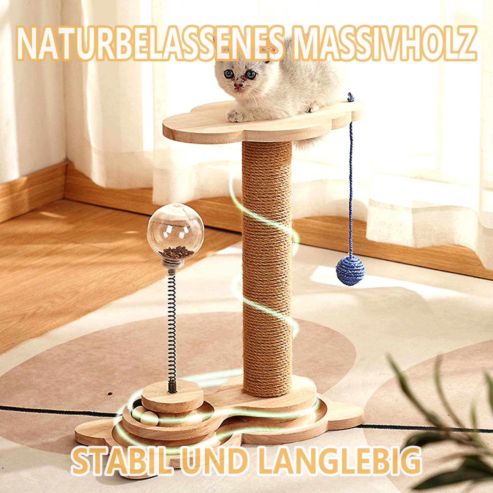4 IN 1 Kratzsäule für Katzen, Hölz Katzenkratzbaum Sisalseil Katzenspielzeug mit Hängendem Ball, Leckerli Ball, Lagiger Drehteller, Futterkugel Intelligenzspielzeug für Wohnungskatzen