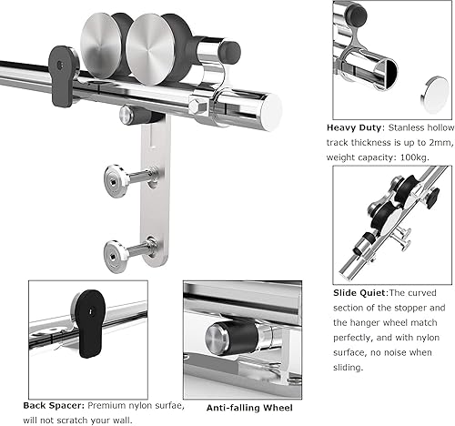 Miniatura 5 de Kit de riel deslizante de acero inoxidable para puerta de granero de 6.6 pies, resistente para puerta de madera doble (gancho en forma de Y)