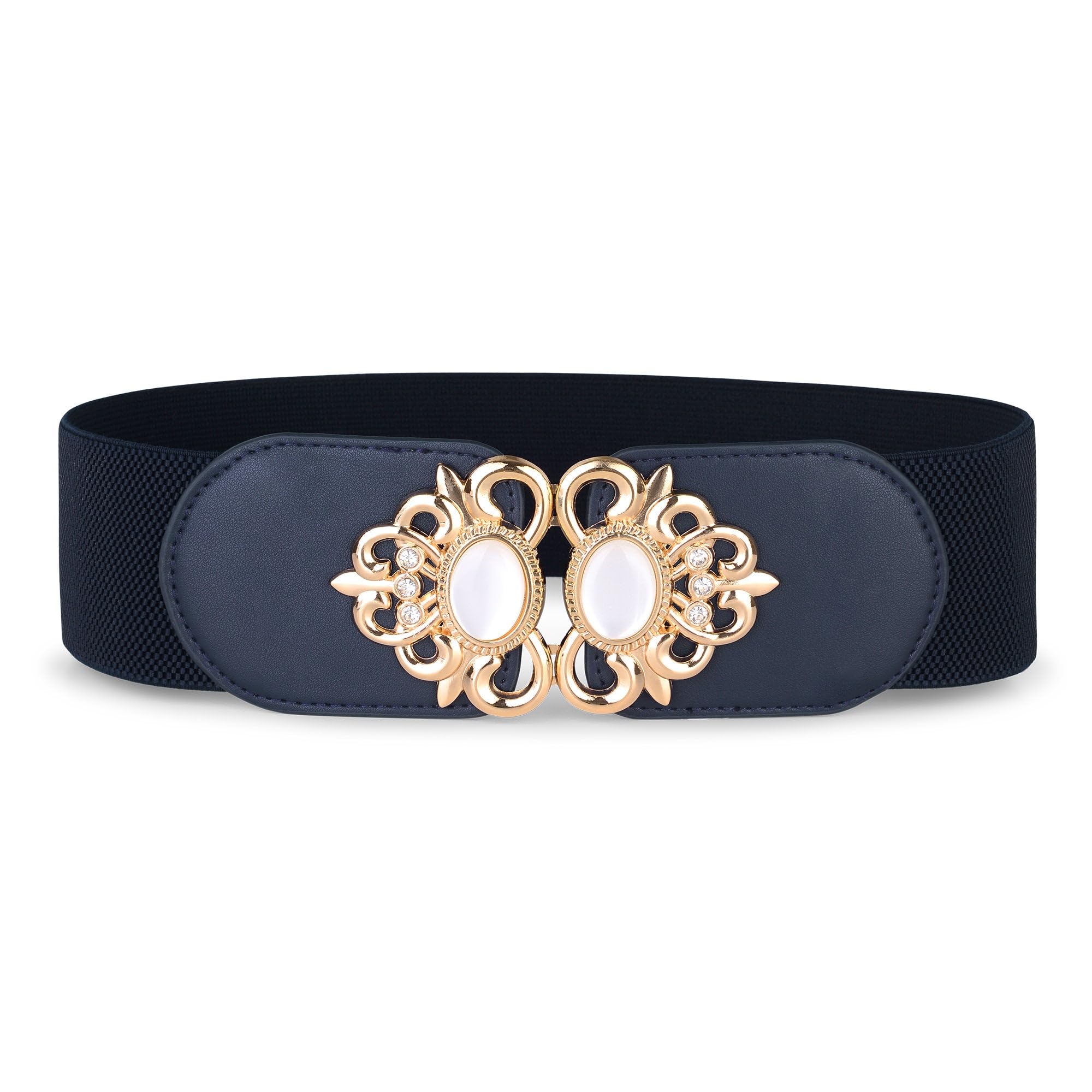 BlackButterfly Stretchy Vintage Wide Waspie Elastic Pearl Buckle Waist Belt (Midnight Blue, XXL)