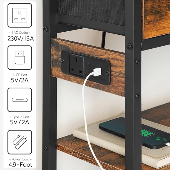 HOOBRO Console Table with Charging Station, 2 Drawers and LED Light, Narrow Hallway Table, Sofa Side Table, Display Stand, Slim Console Table for Hallway, Living Room, Rustic Brown EBF91KDXG01