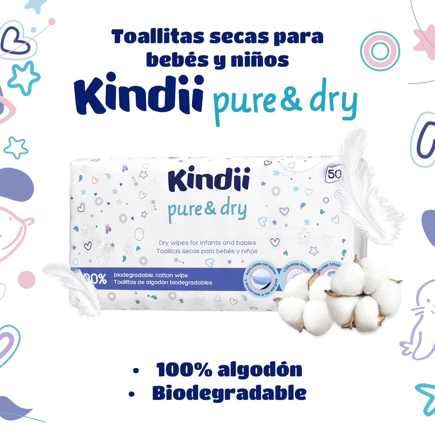Kindii Toallitas secas para bebé Pure&Dry - (50 Piezas) Toalla facial desechable - Toallitas a granel, accesorios para bebé, multifuncional, 100% algodón - 50 Piezas - 4