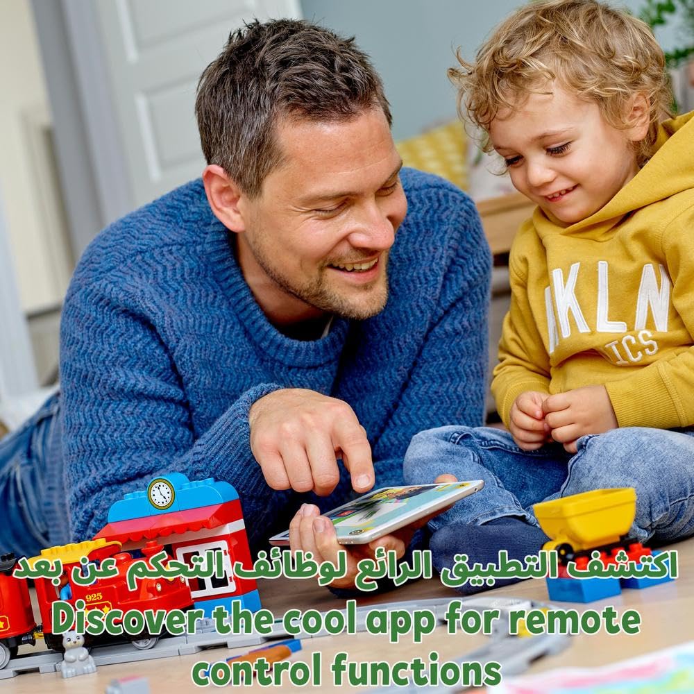LEGO DUPLO Treno a Vapore, Giochi per Bambini e Bambine da 2 a 5 Anni, Playset Push & Go a Batterie con Luci e Suoni, Giocattolo da Costruire con Mattoncini Colorati e Funzione RC, Idee Regalo 10874