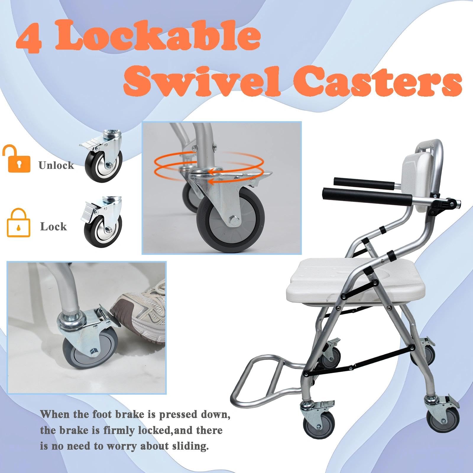 Sedia da Doccia con Rotelle, Sedia WC Doccia con Rotelle Pieghevole, Bianco Sedia da Toilette Mobile per Malati, Disabili e Incinte, Sgabello Doccia con Braccioli e Schienale, Carico 120 kg