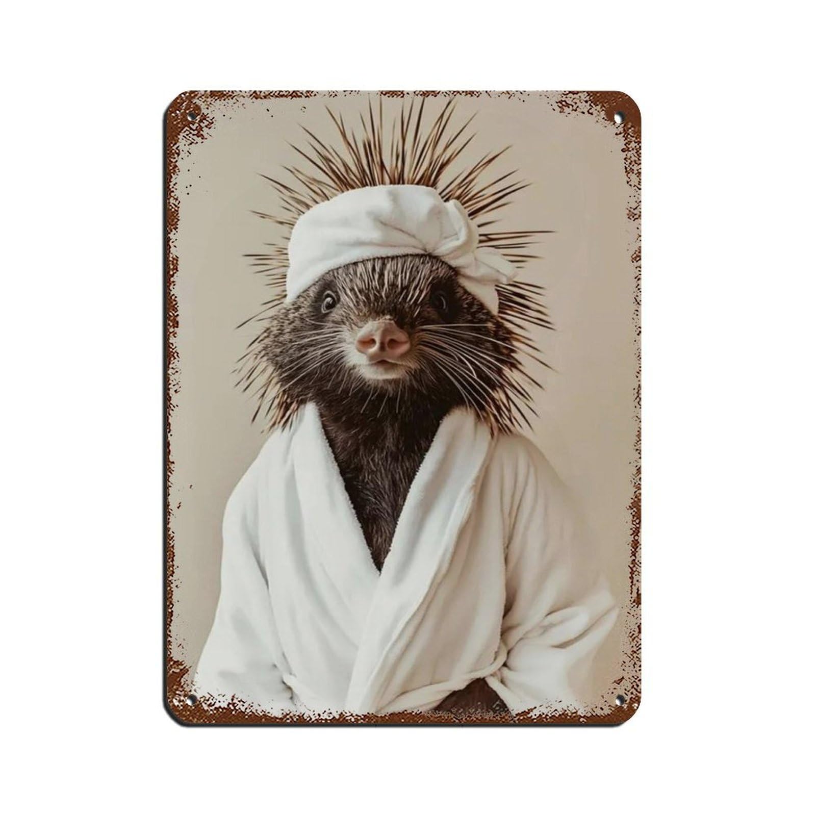 Porcupine Wearing A Bathrobe, Bathroom Art Tin Sign Vintage Metal Pub Club Cafe Bar Home Wall Art Decoration Poster Retro 12x16inch(30x40cm)