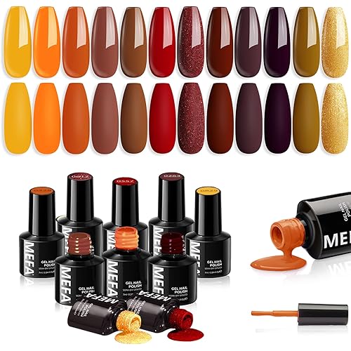 MEFA Fall Gel Nail Polish Set, 12 Color Red Brown Gold Glitter Nail Polish Kit Soak Off Pumpkin Bronze Nail Art Decorations DIY Home Salon Design Manicure Gifts for Women Girls