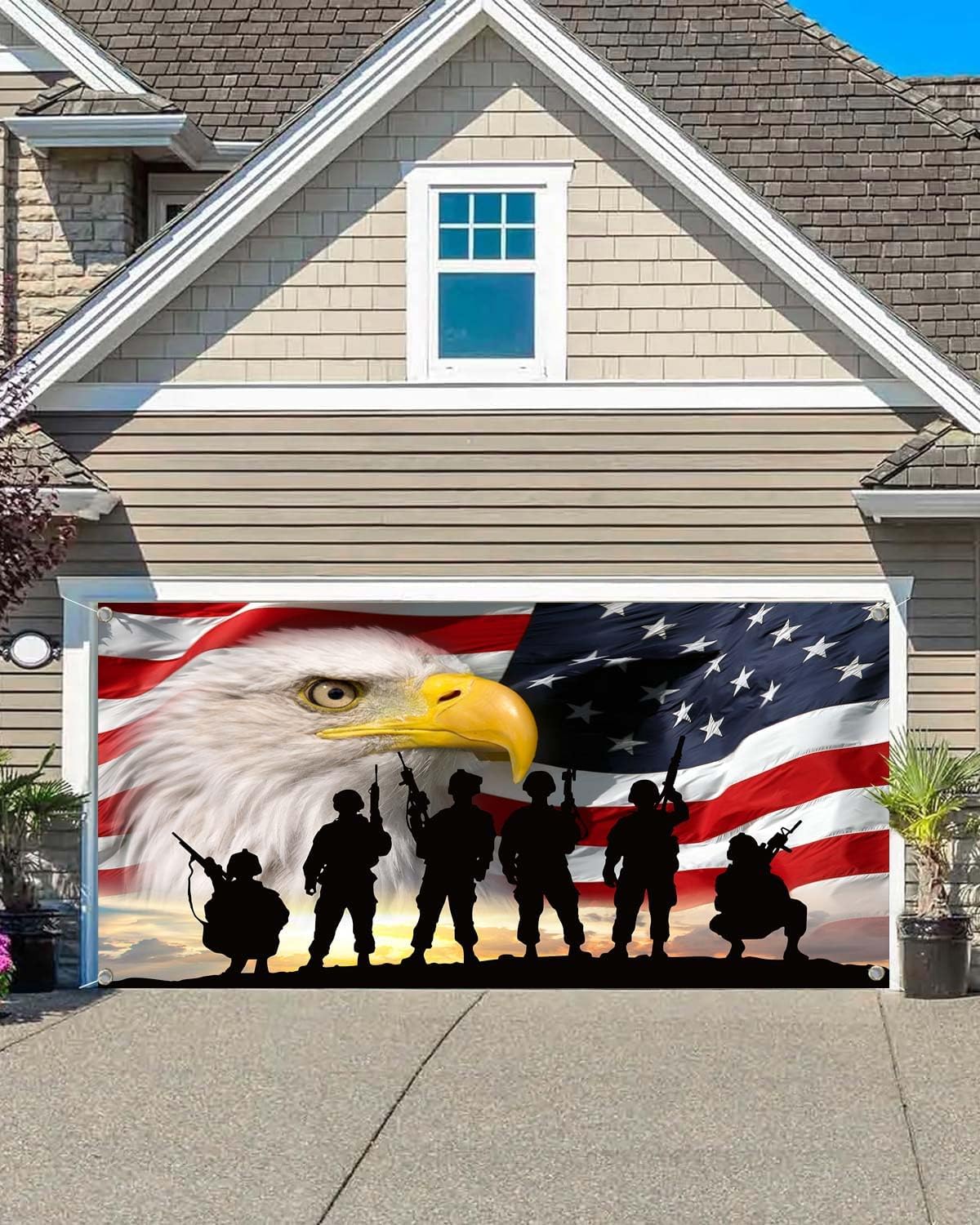 16X7ft 4th of July Garage Door Banner Decorations, Red Blue Star Garage Door Cover Independence Day Wallpaper Patriotic Veterans Party Decoration, American Military Soldiers Eagle Outdoor Wall Door