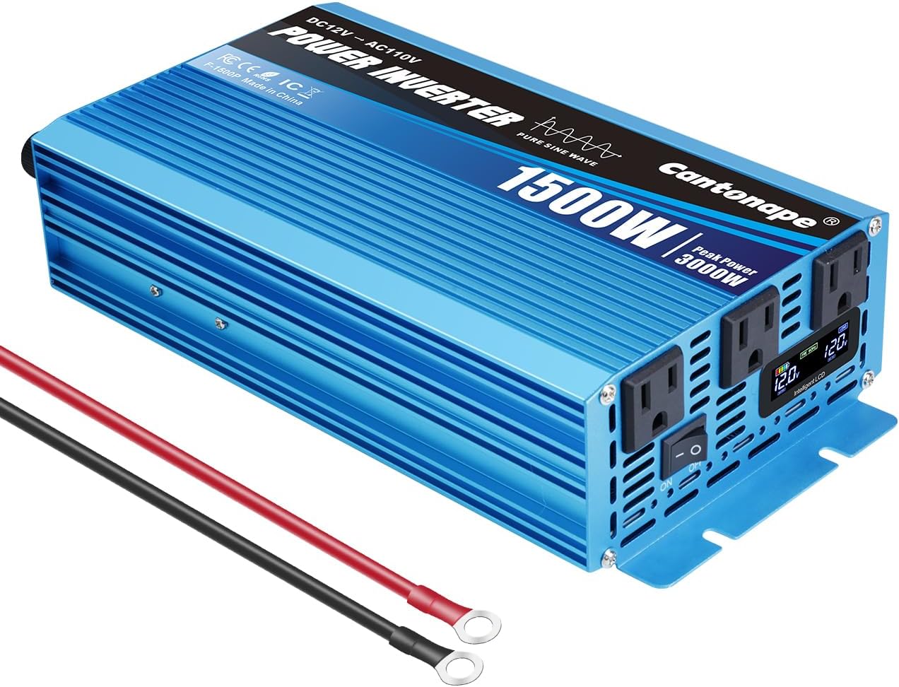 Cantonape 1500W Pure Sine Wave Inverter 12V to 110V/120V 3000W Peak Power Converter DC to AC with LCD Display, 3 AC Outlets for Car Boat Truck RV Solar Power