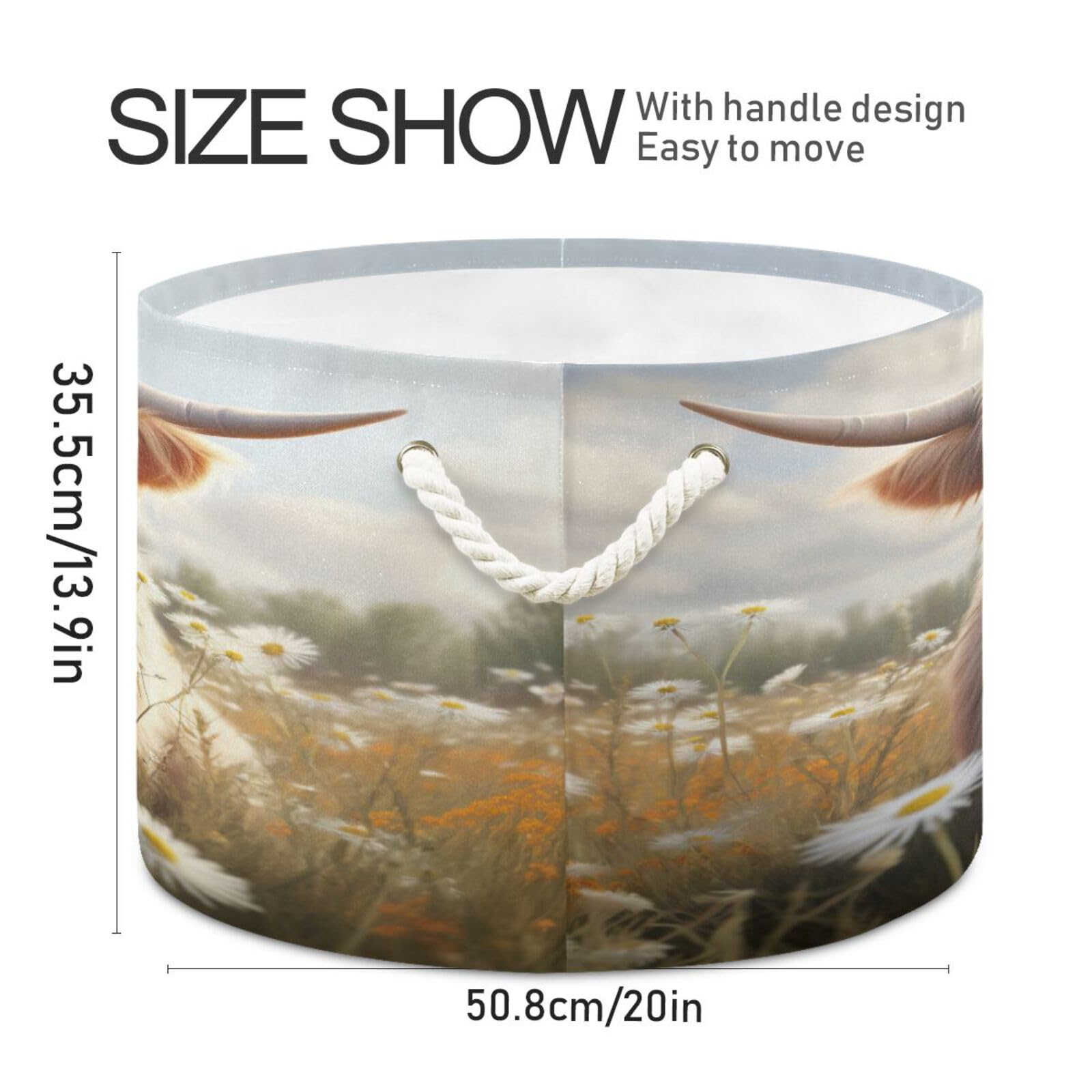 Round Cute Baby Highland Cow Yak Long Horns Daisy Storage Basket Large Organizer Bin Laundry Hamper Toy Storage Basket with Handle for Nursery Clothes Toys 202b4829