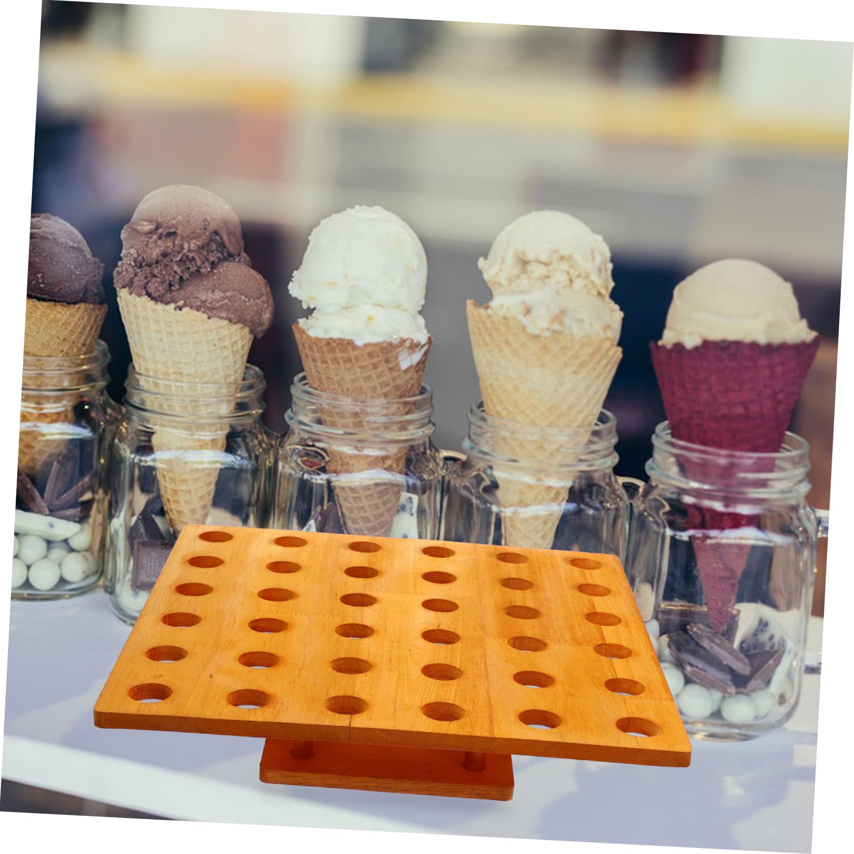 IMIKEYA Porta Coni Gelato in Legno Fori per Esposizione Robusto e Superficie Liscia, Supporto da Banco per Gelaterie e Ristoranti