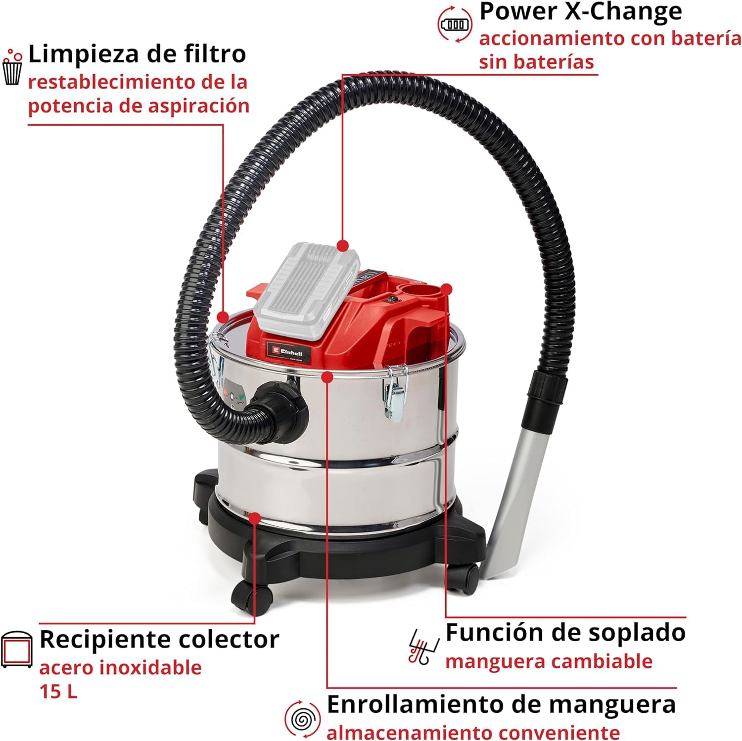 Einhell Aspirador de cenizas inalámbrico - TE-AV 18/15 Li C-Solo PXC. Li-ion, 100 mbar, sistema de limpieza de filtros, recipiente de recogida de 15 L. Suministrado sin batería ni cargador