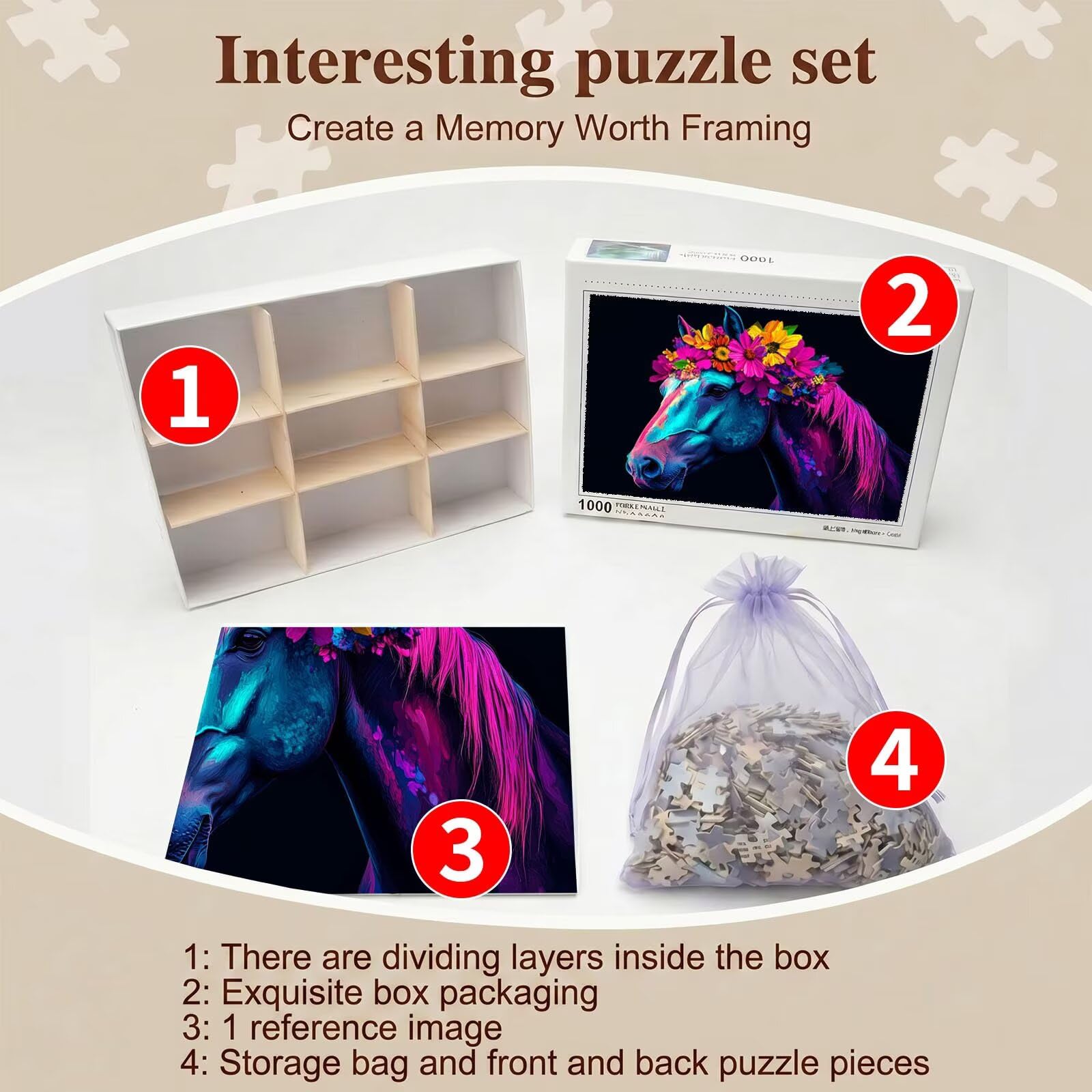 cavallo fiore-2 Puzzle 4000 Pezzi per Adulti, Puzzle in Legno - Collezione Classica con Poster Incluso - Sfida di Concentrazione e Passatempo Antistress, Gioco per Famiglia, 141 x 87 cm f0-659