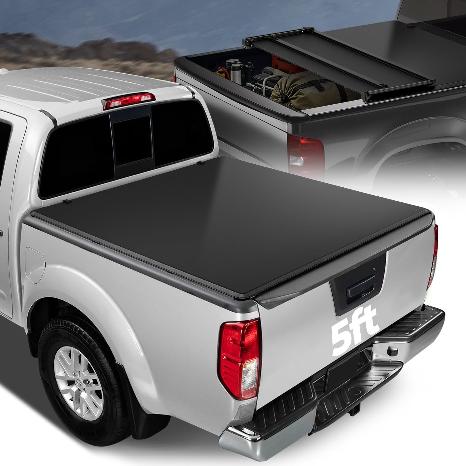 Auto Dynasty Soft Tri-Fold Truck Bed Tonneau Cover Compatible with 2005-2025 Nissan Frontier 5Ft Fleetside/Styleside Bed Without Bed Rail System, Matte Black Soft Vinyl Top