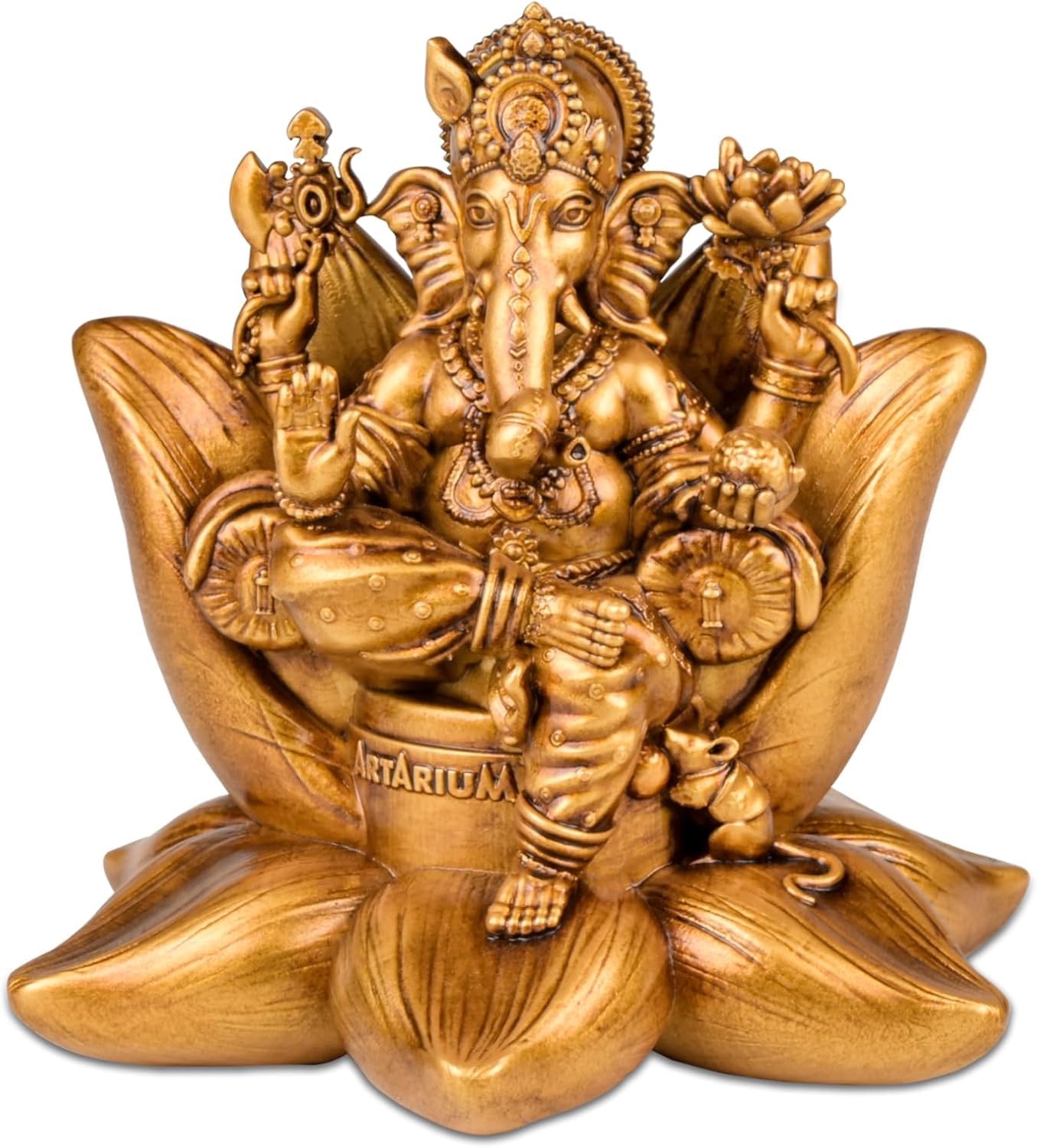 Artarium Figurka Ganesha do samochodu, na deskę rozdzielczą, ręcznie robiona, Padma Ganesha, dekoracja świątyni domowej, Ganpati Murti, pozłacana, rozmiar eksponatu – 2.7 cala