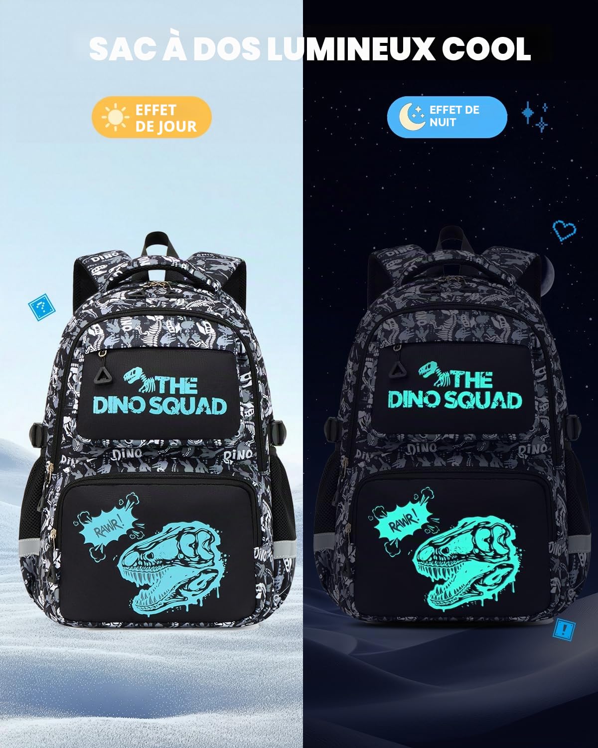 Amythe Cartable École Garçons Classes de 1 à 4 Lumineux Voyage, Dinosaure | Grand Réfléchissant Compartiment Laptop Dinosaure Daypack Multi-Poches Spacieux Robuste pour École Randonnée