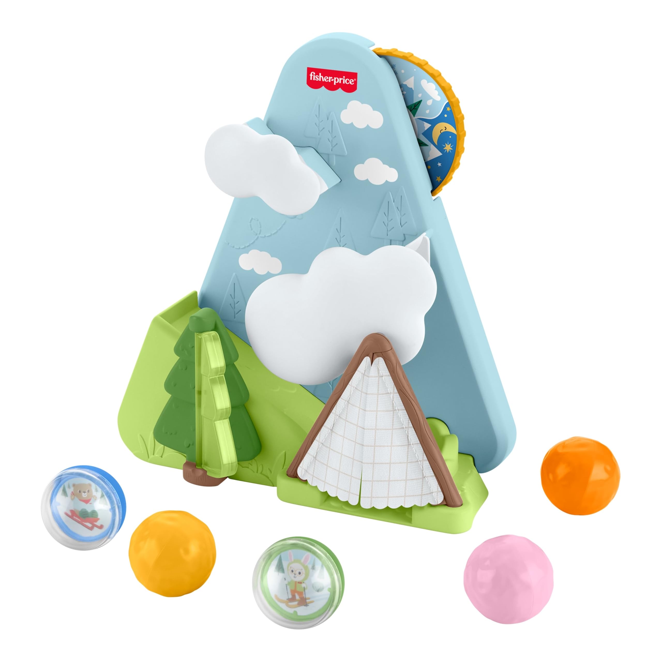 Fisher-Price - Montagna di Palline, Set a Tema Amici della Foresta con 5 Palline Colorate e a Forma di Animali, Flipper a Forma di Albero e Anello con Il Meteo, 9+ Mesi, JLB88