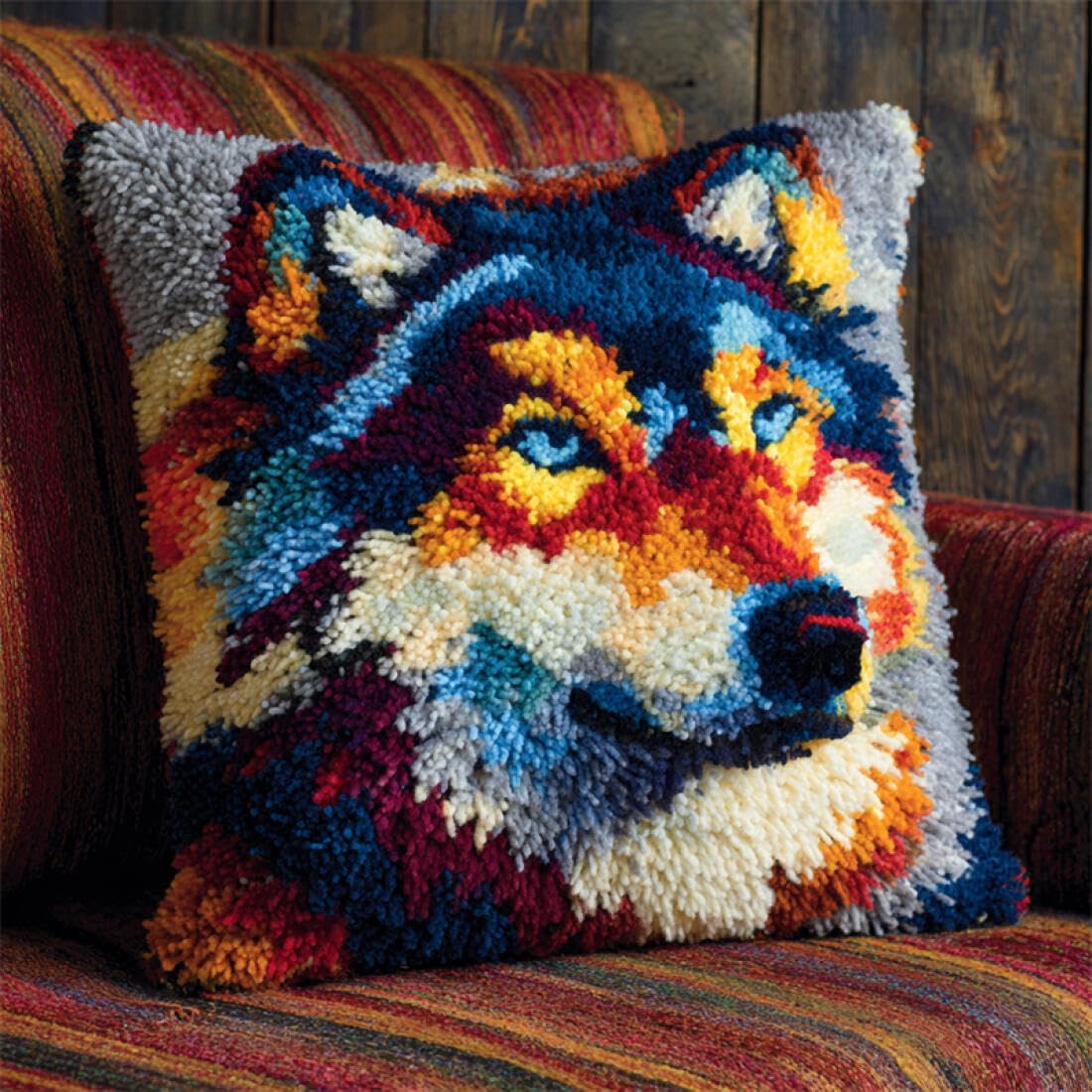 Kitquiver Animal Latch Hook Cushion Kits Cartoon Wolf Cross Stitch Pillowcase Making Kits,DIY Latch Hook Rug Kit Embroidery 17x17In