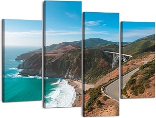 Weone Artwork 4 Panel Canvas Wall Art Pacific coastline view Beach from Highway number California Stretched & Framed Art Prints Modern Painting Wall Decoration Ready to Hang Unique Designed