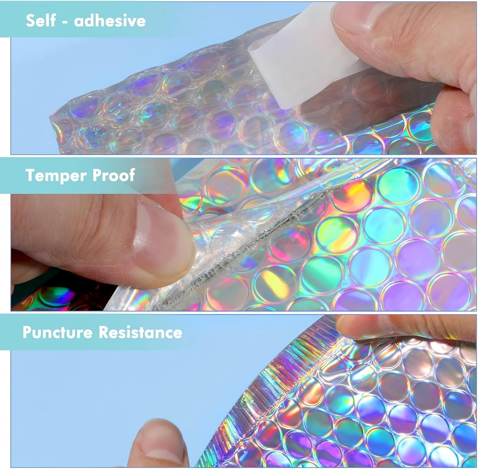 50 piezas metálicas acolchadas de burbujas para envío, sobres holográficos, sobres acolchados con purpurina, cierre adhesivo, bolsas de envío, 3 tamaños