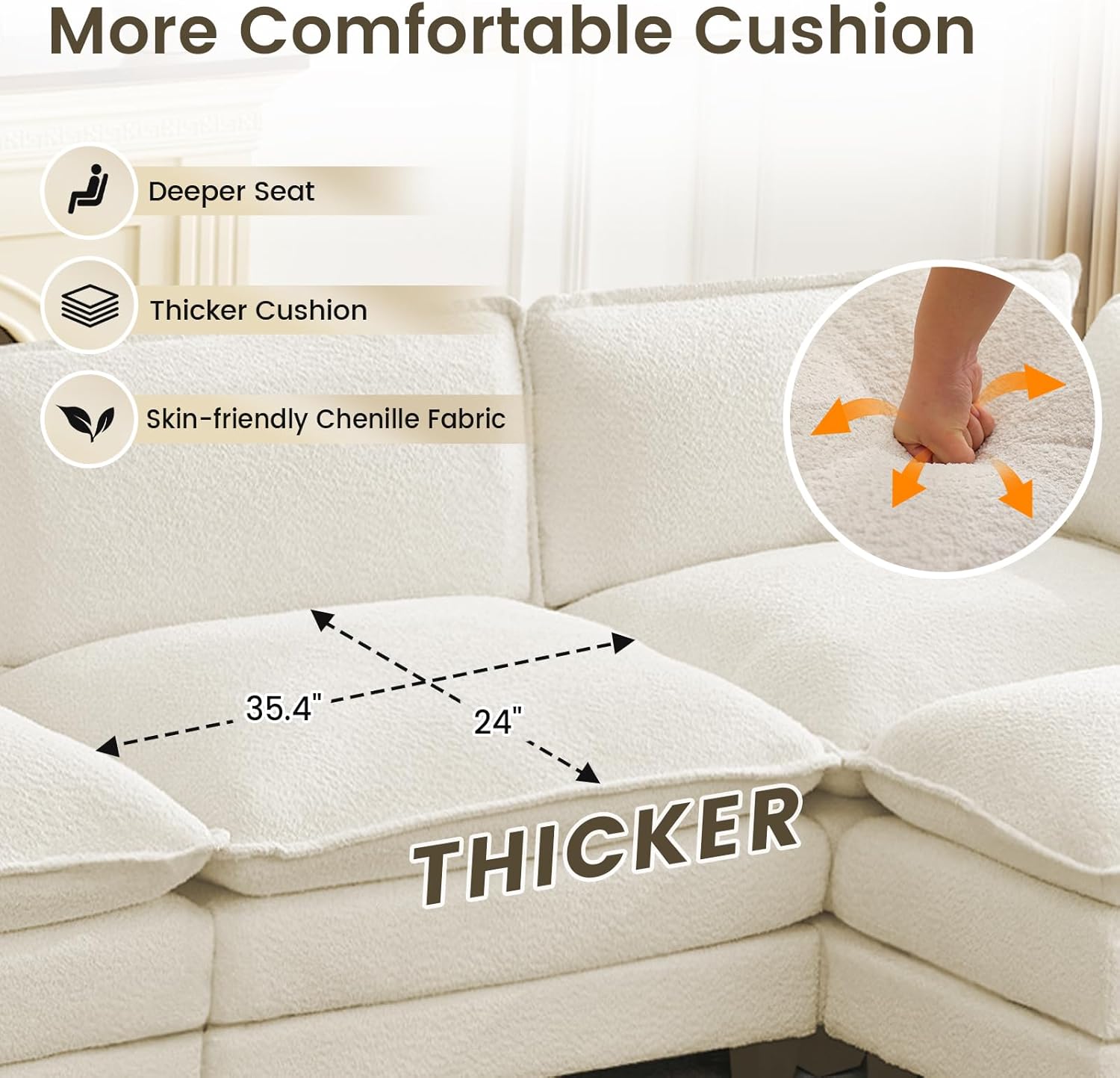 ROWHY 112" L-Shaped Cloud Couch for Living Room, Oversized Modern Modular Sectional Sofa with Ottoman, Comfy 4-Seater Deep Seat couches with 2 Throw Pillow for Bedroom Apartment, Chenille Beige | Breathable Fabric, Sturdy Wood Frame, Movable Ottoman, Deep Seat, Flexible Modular, Washable Covers