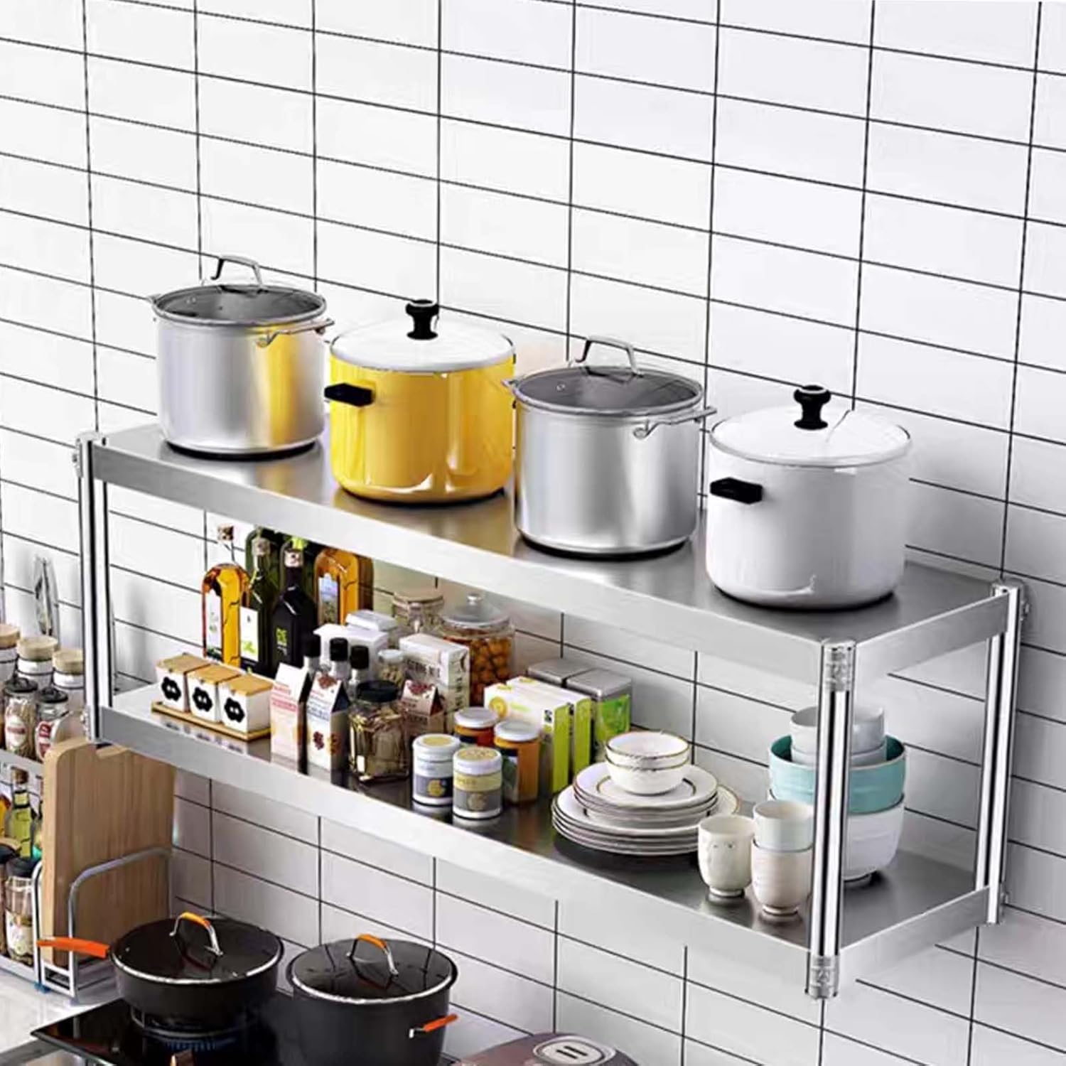 3段シェルフ ヘビーデューティキッチン工業用収納ラック 壁掛け多目的オーガナイザー棚 304ステンレススチールラック 電子レンジエア