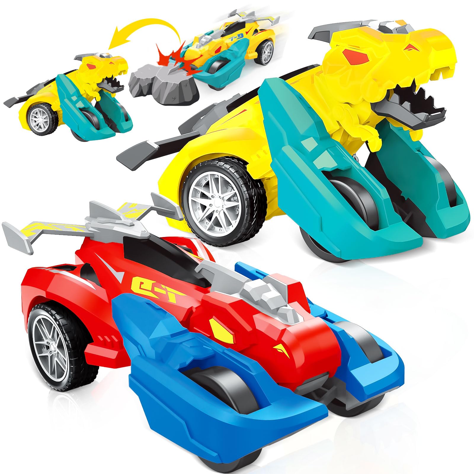 Juguetes de dinosaurio transformadores de colisión, juguetes para niños de 2 a 4 años, paquete de 2 camiones transformadores, juguete de auto para niños de 2, 3, 4, 5, 6 años, regalos de Pascua