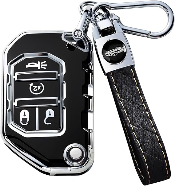 Montague Key Fob Cover for Jeep with Keychain, Premium TPU Key Case Compatible with Jeep Wrangler JL JLU Gladiator JT Rubicon Sahara Remote Smart Car Flip Key Protector(4 Buttons Black)