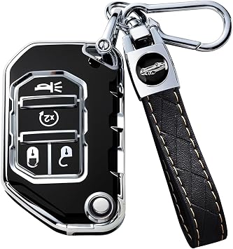 Montague Key Fob Cover for Jeep with Keychain, Premium TPU Key Case Compatible with Jeep Wrangler JL JLU Gladiator JT Rubicon Sahara Remote Smart Car Flip Key Protector4 Buttons Black