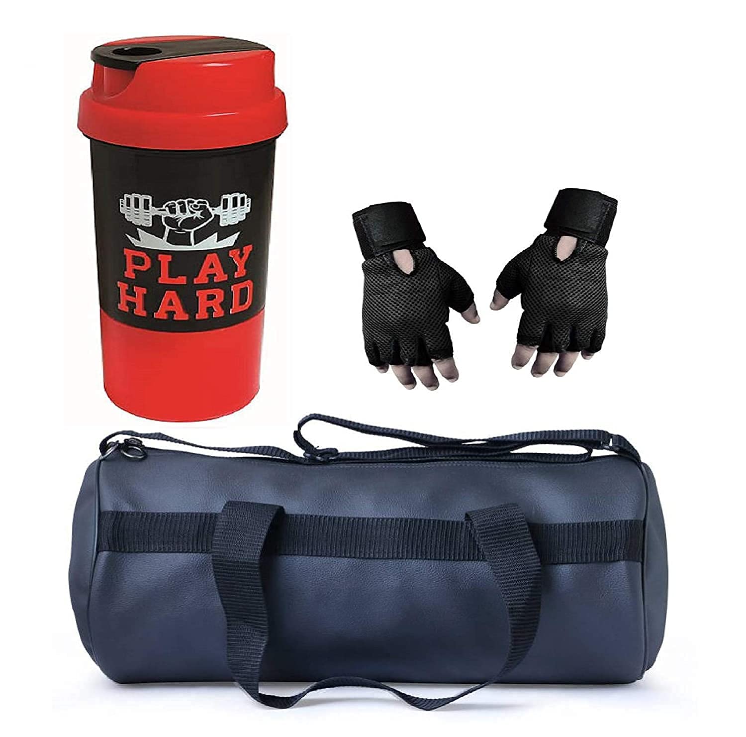 ALLIED SALES INDIA Allied Sales SG-001 Men's Leather Gym Bag; Cyclone Protein Shaker and Gym Gloves with Wrist Support Combo (Black)