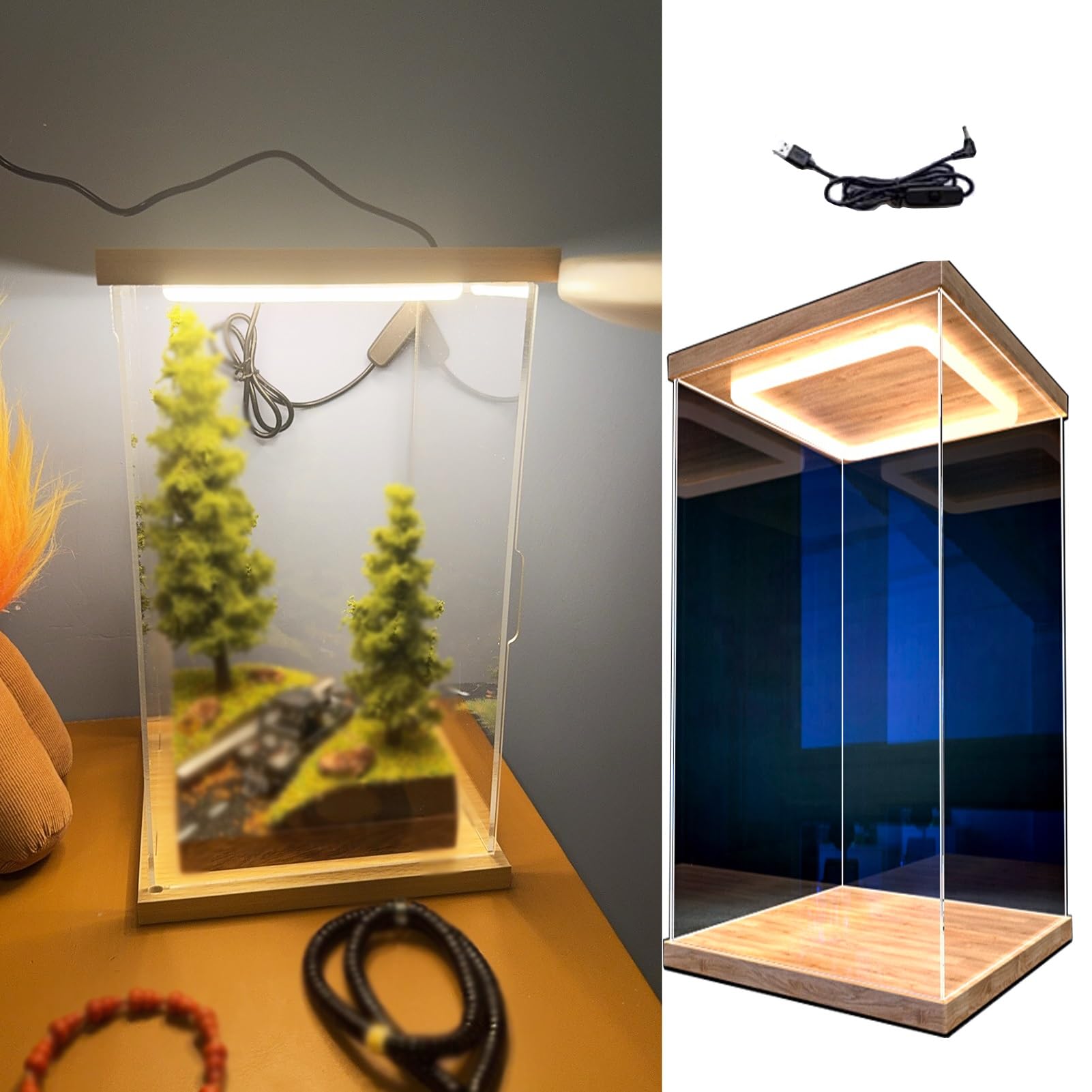 CMYUN Acryl Vitrine LED-Sammelfiguren Hohe Acrylvitrine, Staubdicht Beleuchtet Aufbewahrungsvitrine mit Holzsockel, Extra Große Transparente Vitrine(10x10x40cm/4x4x16in)