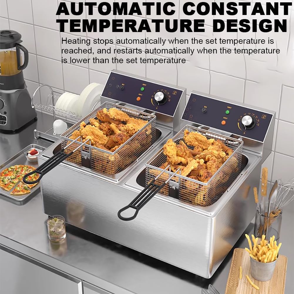 Friggitrice elettrica Professionale a Doppia Vasca Friggitrice elettrica in Acciaio Inox con termostato Grande friggitrice Doppia 3000W X 2 Contenitore dell'olio e cestello Rimovibili Anti