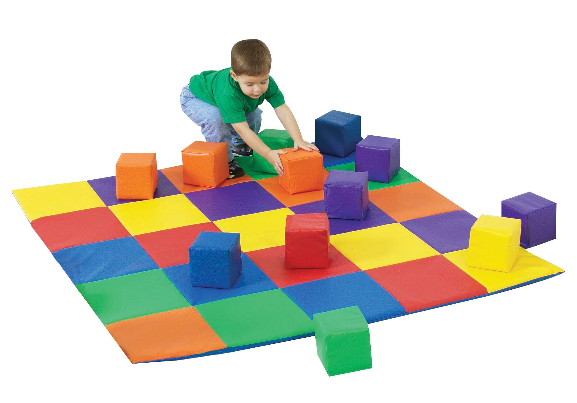 Children's Factory Joey's Matching Activity Mat & Toddler Building Blocks, CF322-047, Daycare or Playroom Foam Floor Mat and Big Blocks Playset