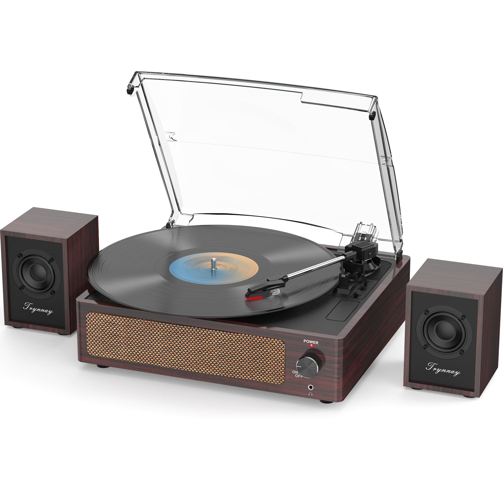 Trynnay Gramofon z pasywnymi głośnikami regałowymi, gramofon Bluetooth do płyt gramofonowych, 3 prędkości, bezprzewodowe wejście AUX, gniazdo słuchawkowe i funkcja automatycznego zatrzymania