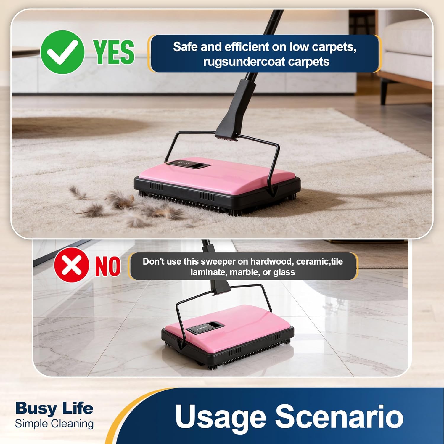 Yocada Manual Carpet Sweeper Cleaner Household Sweeper with Extra Brush Lightweight Hand Push Non-Electric for Home Office Low&Undercoat Carpets Rugs Pet Hair Dust Scraps Paper Small Rubbish Cleaning