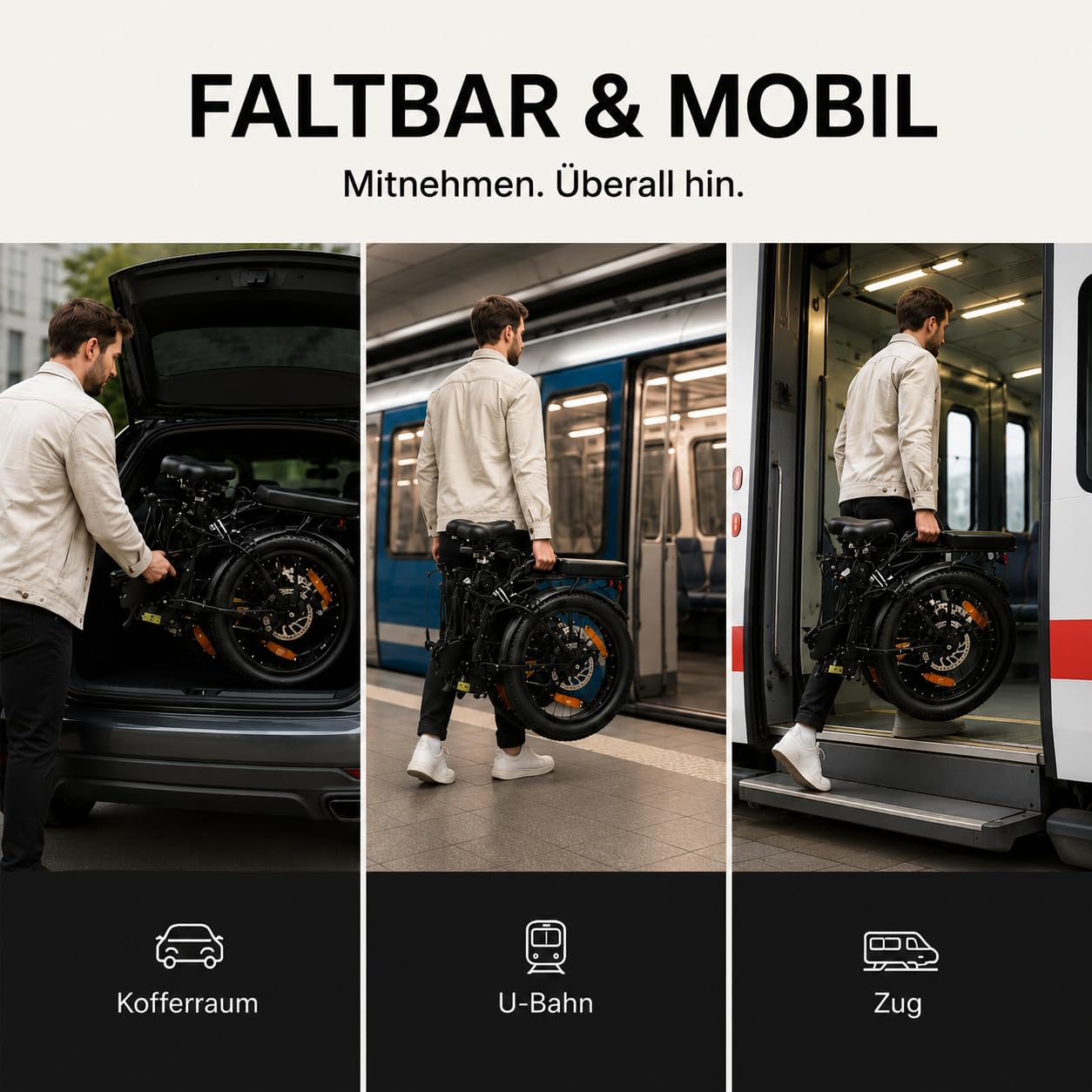 Faltbares E-Bike 20 Zoll, 250W Elektrofahrrad mit 48V 16AH Akku (100km), 7 Gang Cityrad mit Federung, LED & Scheibenbremsen, Carbonstahl-Rahmen