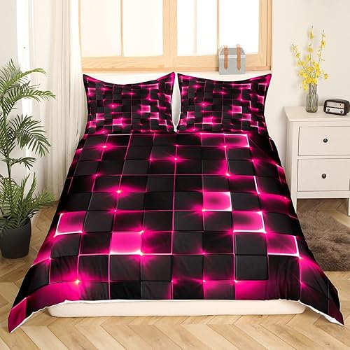 Miniatura 10 de Juego de funda de edredón 3D de panal de abejas tamaño Queen, tema hexagonal geométrico con funda de edredón de luces de neón rosa y azul, funda de