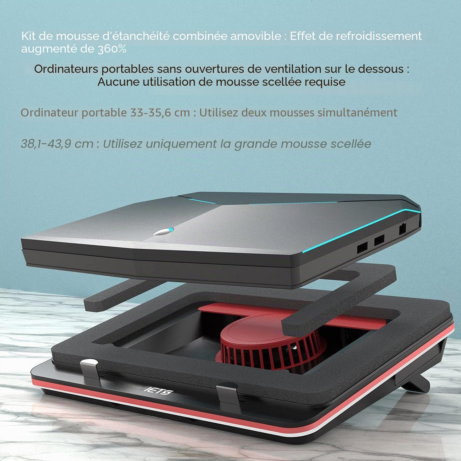IETS GT500 Ventilateur turbo puissant 5000 tours/min pour ordinateur portable, mousse d'étanchéité pour refroidissement rapide, ordinateur portable de jeu 13 à 17.3" avec hub USB 3 ports