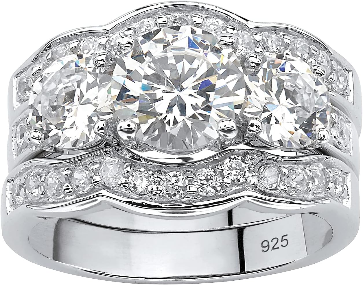 PalmBeach Sterling Silver Round Cubic Zirconia 3 Piece Scalloped Bridal Ring Set Sizes 6-10