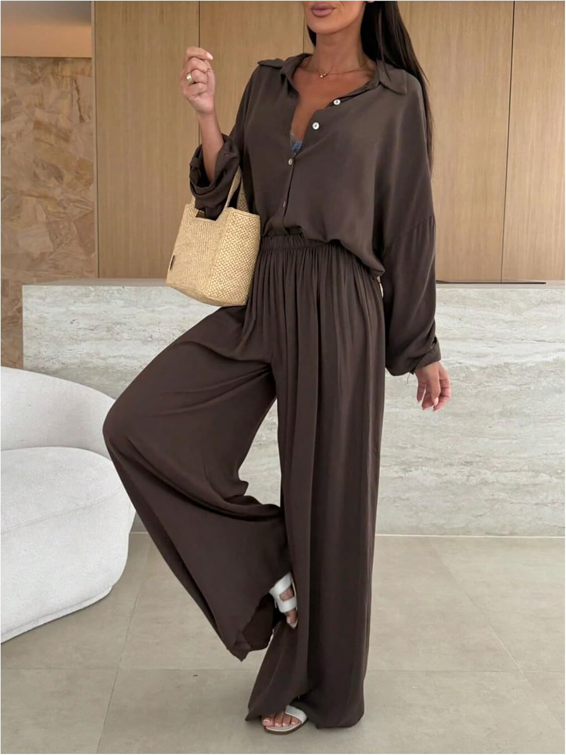 Verdusa Women's 2 Piece Sets Collared Button Up Shirts with Wide Leg Pants image 5