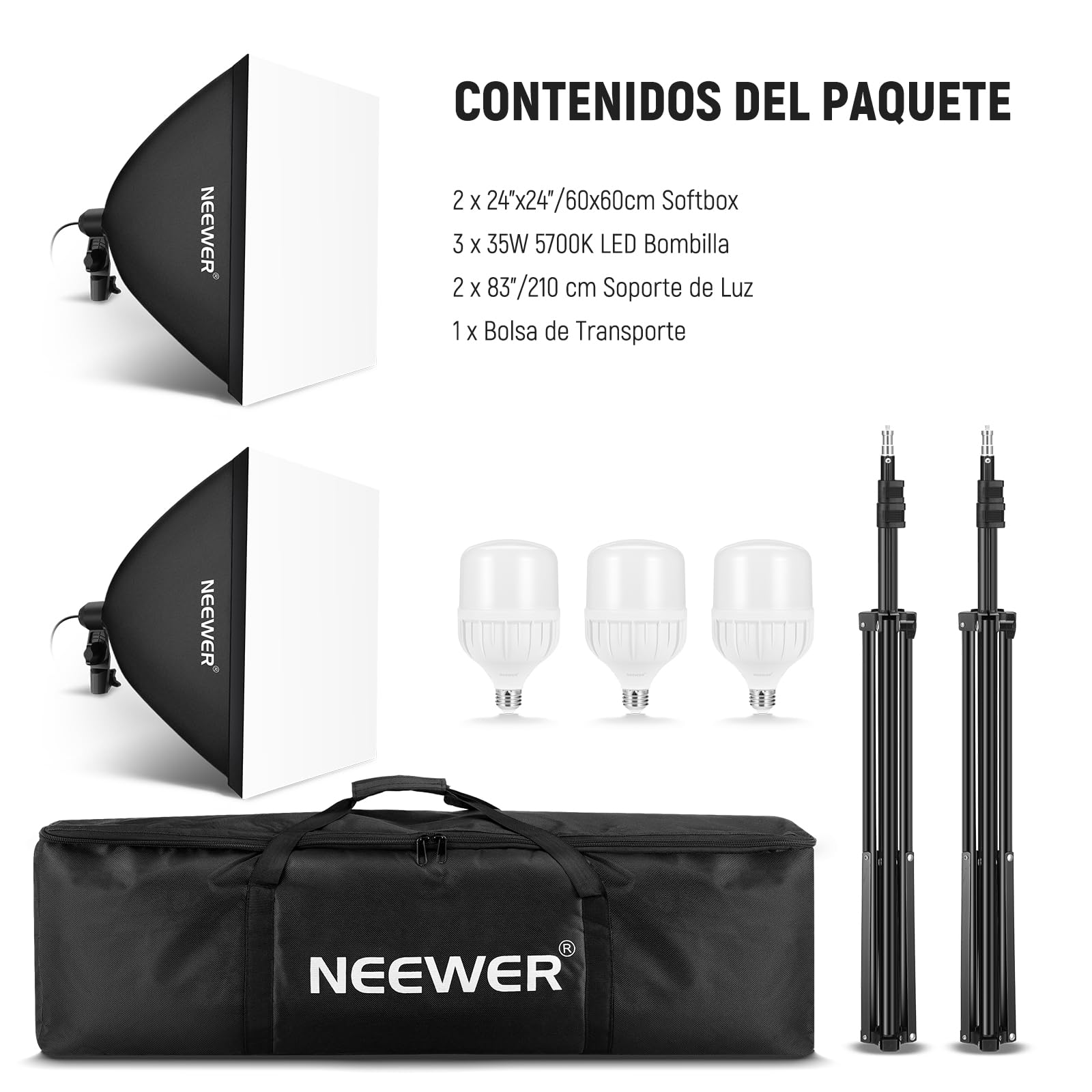 NEEWER Kit de Iluminación Continua de Caja de Luz Equivalente a 700W, 3 Bombillas de LED de 5700K, 60x60cm Softbox con Enchufe E27, Photography Softbox Lighting Kit para Equipo de Estudio Fotográfico