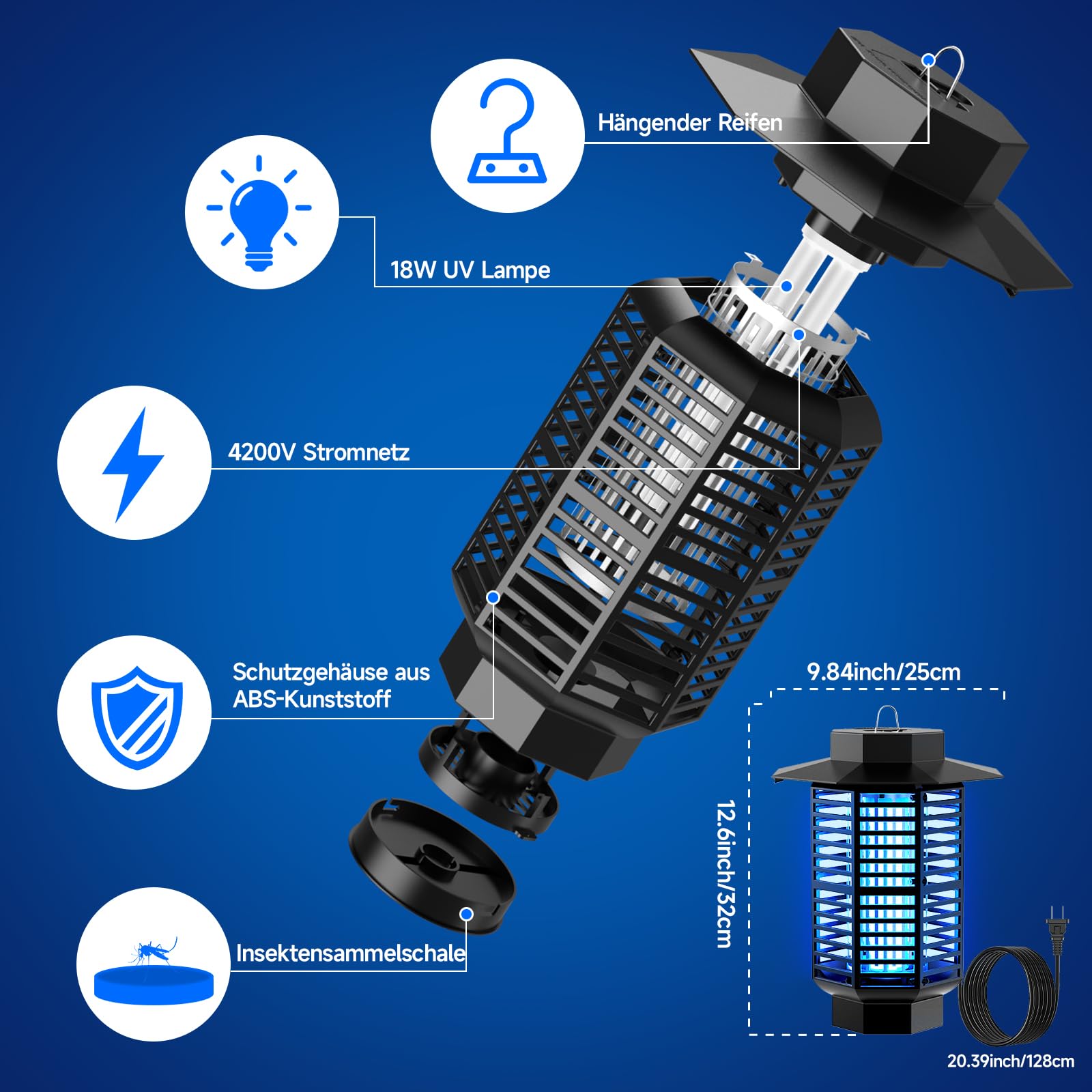 Insektenvernichter Elektrisch 4200V,Mückenlampe 18W UV Licht,IPX4 Wasserdichte Fliegenfalle Elektrisch Mückenfalle für Innen & Außenbereich,Insektenfänger gegen Mücken,Fliegen,Wespen