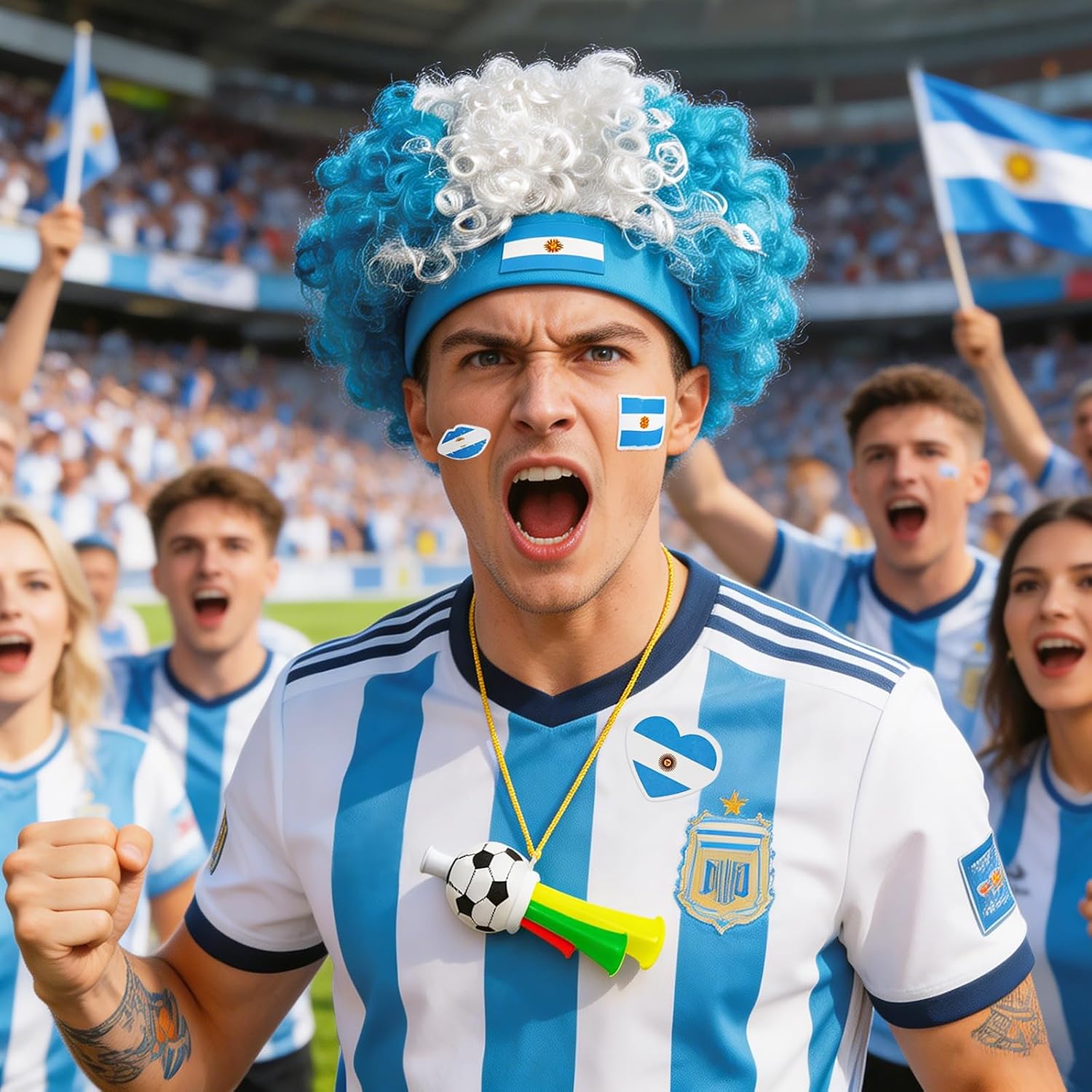 AXEN Portugal National Flag Colors Afro Wig with Nation Temporary Tattoos and Stadium Horn, World Soccer Cup Fans Cheer Accessories