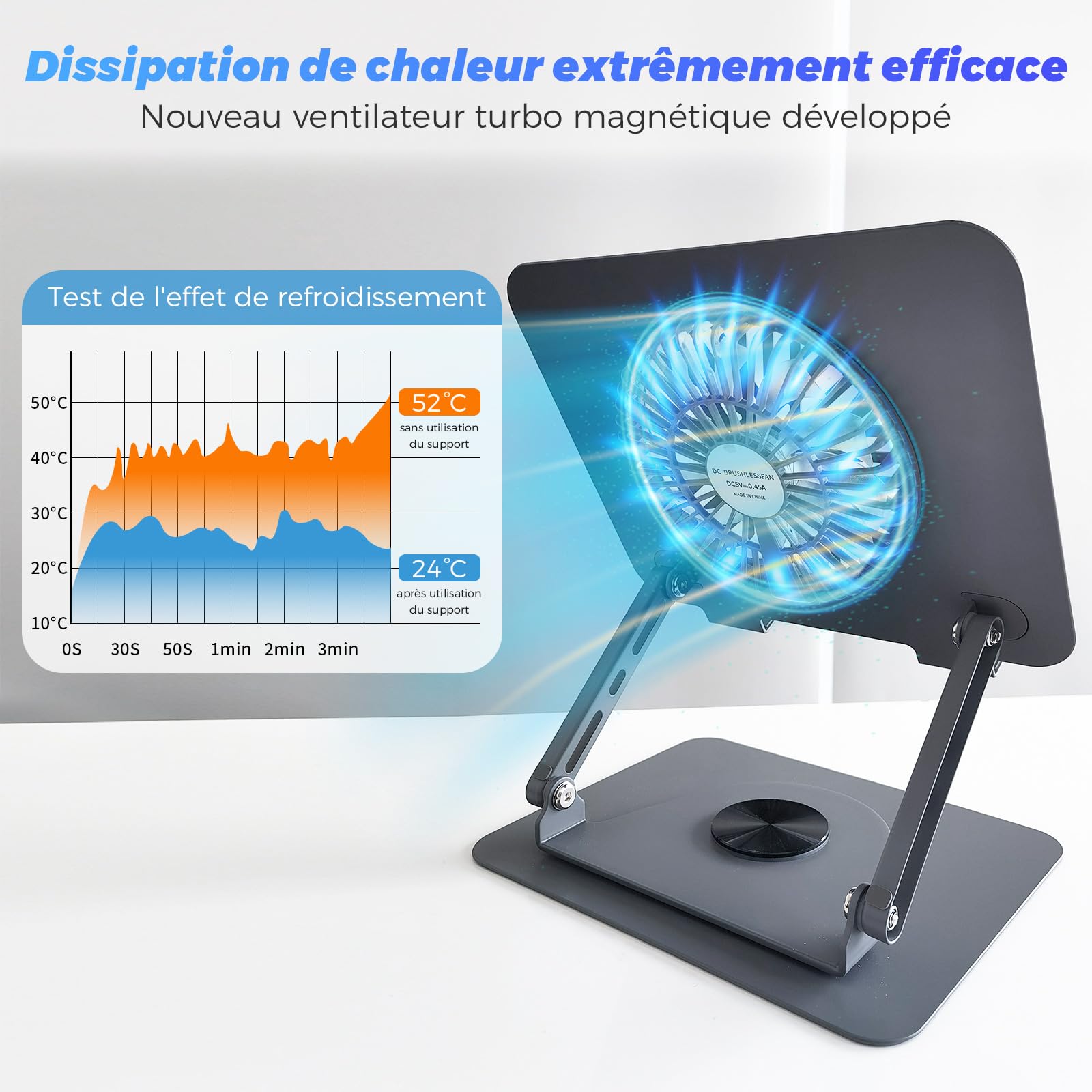 Support pour ordinateur portable en aluminium, rotatif à 360°, pliable, avec ventilateur magnétique pour le refroidissement, compatible avec MacBook et appareils de 10 à 17,3 pouces (gris