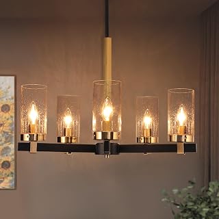 KSANA Black Gold Chandelier, Mid Century Modern 5-Light Chandelier Light Fixture with Seeded Glass Shade and Electroplated Brass Accents for Dining Room, Kitchen and Living Room