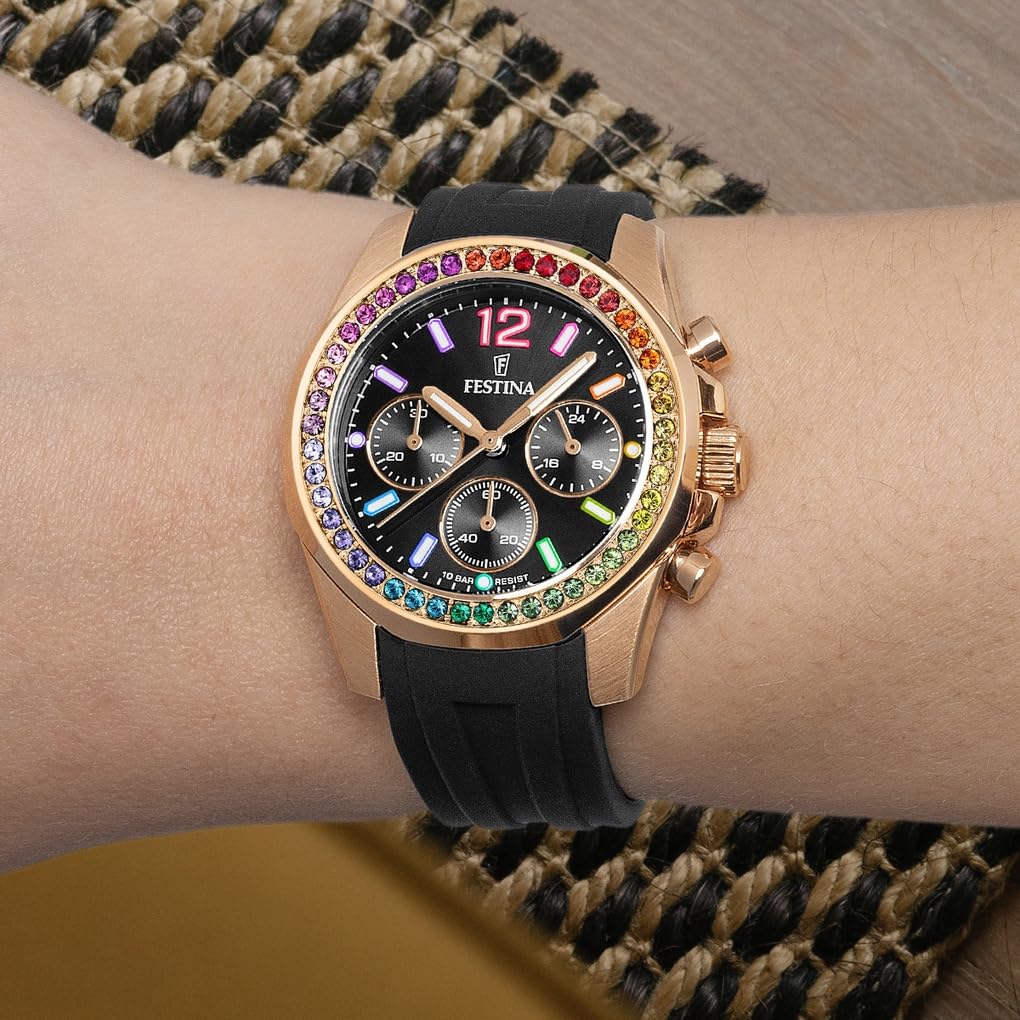 Festina Reloj Mujer Analógico de Caucho - Movimiento de Cuarzo Cronógrafo - Cristal Mineral de Alta Resistencia - Resistente al Agua 10 ATM F20611/3 - Boyfriend Collection